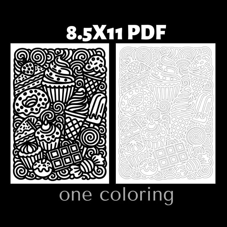 Ice cream and dessert monochrome coloring page featuring cupcakes, popsicles, chocolate, and sweet snacks. Adult coloring book printable coloring page designed for relaxation and creative coloring. Detailed black and white dessert illustration perfect for food coloring collections and stress relief coloring activities.