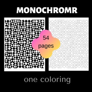 Może przedstawiać: 54-stronicowa kolorowanka zatytułowana MONOCHROMR z geometrycznymi wzorami. Okładka przedstawia dwa prostokątne panele: jeden z czarno-białą siatką trójkątów, a drugi z cienkim czarnym zarysem tego samego wzoru na białym tle.