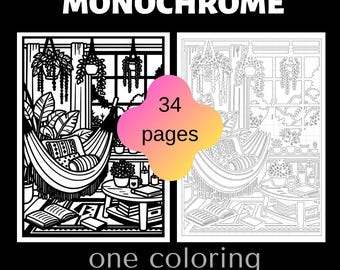 Cozy Monochrome Coloring Pages for Adults PDF | 34 Printable Hygge Coloring Book | Cottagecore Home