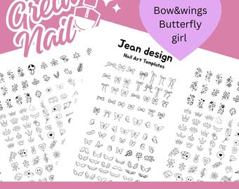 kawaii Nail Art Templates, Flower Leaves Line Art (600 DPI JPG & PDF Digital Download)
