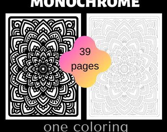 Monochrome One Coloring Book PDF, 39 Printable Adult Coloring Pages, Mandala & Floral Coloring Book, Single Color Coloring Pages