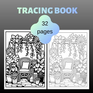 Op de afbeelding: Een zwart-wit kleurboek met de tekst "TRACING BOOK" bovenaan. Het boek bevat een gedetailleerde illustratie van een tuinscène met planten, een stoel en de tekst "32 pagina's".