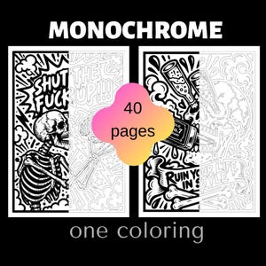 Könnte beinhalten: Ein 40-seitiges, monochromes Malbuch mit zwei verschiedenen schwarz-weißen grafischen Illustrationen. Eine Seite zeigt ein Skelett mit dem Text SHUT FUCK UP, die andere eine Flasche und einen Totenkopf mit dem Text RUIN YOUR LIFE IN STYLE.