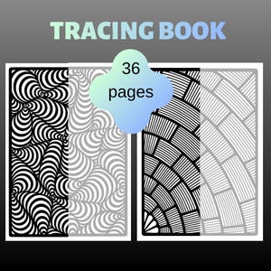 Può includere: Un libro da ricalco di 36 pagine con motivi geometrici in bianco e nero. La copertina mostra due sezioni rettangolari con disegni a linee vorticose e a griglia. Il testo TRACING BOOK e 36 pages è stampato sulla parte anteriore.