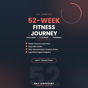 Op de afbeelding: Een donkerblauwe digitale fitnessplanner getiteld The Complete 52-Week Fitness Journey Tracker, Planner, Journal. Het bevat functies zoals wekelijkse trainings- en maaltijdplannen, dagelijkse gewoontetracker, statistieken en digitale navigatie.