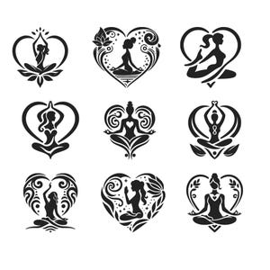 May include: Nine black and white yoga-themed designs. Each design features a silhouette of a person in various yoga poses, enclosed within a heart shape. The hearts are decorated with floral and abstract elements.