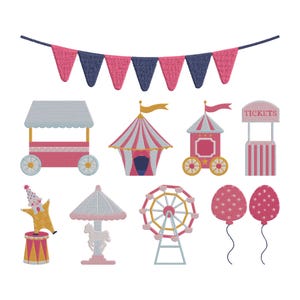 May include: A collection of circus-themed illustrations. The image includes a banner, a food cart, a circus tent, a ticket booth, a clown, a carousel, a Ferris wheel, and two balloons. The color palette is primarily pink, blue, yellow, and white.