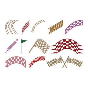 May include: A collection of racing-themed graphics, including checkered flags, curved track designs, and stylized arrows. The flags feature red, white, and tan checkered patterns. The designs are set against a white background.