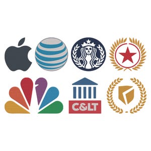 Puede incluir: Parches bordados con logotipos icónicos, incluyendo una manzana gris oscuro, un globo a rayas azules y blancas, un logotipo de Starbucks, una estrella roja en una corona dorada, un pavo real arcoíris, un edificio con el texto "C&LT" y un escudo dorado.