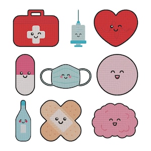 Puede incluir: Un conjunto de parches bordados con temática médica. Incluye un botiquín rojo, una jeringa, un corazón rojo, una píldora rosa, una mascarilla azul, un círculo rosa, un termómetro azul, una tirita y un cerebro rosa, todos con caras sonrientes.