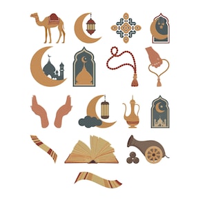 Könnte beinhalten: Eine Sammlung islamisch thematisierter Illustrationen. Das Bild zeigt ein Kamel, Halbmonde mit Laternen, eine Moschee, Gebetsketten, eine Teekanne, ein offenes Buch und eine Kanone. Die Farbpalette besteht aus Beige, Braun und Gold.