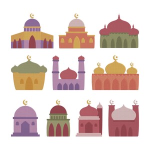 May include: A collection of nine colorful, stylized illustrations of mosques. Each mosque features a dome topped with a crescent moon, with variations in color and architectural details. The color palette includes shades of purple, orange, green, and red.