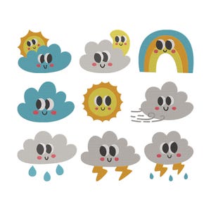 May include: A collection of nine weather-themed cartoon illustrations. The designs include smiling clouds, suns, a rainbow, and a moon. The color palette features blue, yellow, orange, and gray. Each weather element has a friendly, cartoonish face.