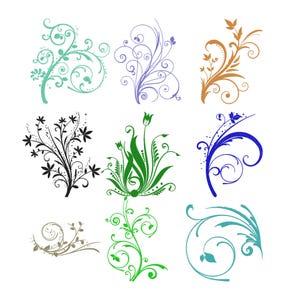May include: A collection of nine floral design elements in various colors, including teal, purple, gold, black, green, and blue. Each design features swirling lines and stylized leaves, suitable for decorative use.