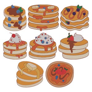 Può includere: Illustrazione di diverse pile di pancake, ciascuna con diversi condimenti. Alcune hanno mirtilli, banane e sciroppo. Altre sono guarnite con panna montata, ciliegie e fragole. Sono mostrati anche burro e sciroppo.