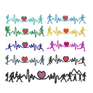 May include: A collection of nine embroidered patches featuring a heartbeat line design. Each patch displays a red heart integrated into a pulse line, flanked by silhouettes of people hiking, running, or walking in various colors including blue, green, yellow, purple, and black.