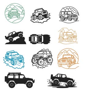 May include: A collection of eleven black, blue, and tan line art and silhouette illustrations featuring off-road vehicles. The designs depict various 4x4 trucks in different perspectives, including side views, front views, and top-down angles, often shown driving through mud, water, or mountainous terrain.