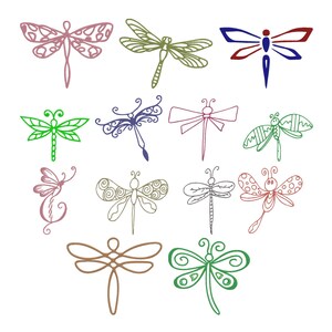 May include: A collection of thirteen distinct dragonfly illustrations arranged in a grid. Each dragonfly features a unique line-art style, varying from simple geometric shapes to intricate swirls, dots, and patterns in colors including pink, green, blue, and brown.