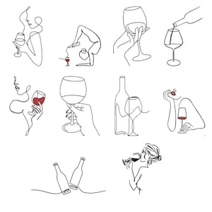 Puede incluir: Una colección de diez ilustraciones de arte lineal negro con temas de vino. Los dibujos representan varias escenas, incluyendo figuras sosteniendo copas de vino, una persona sirviendo vino en una pose de yoga, botellas y copas con vino tinto.
