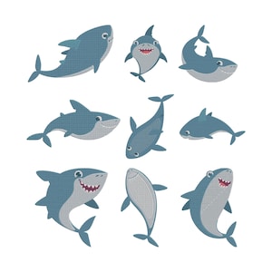 May include: A collection of nine cartoon shark illustrations in various poses. The sharks are primarily blue with white bellies and smiling faces. The designs are suitable for children's products or nautical themes.