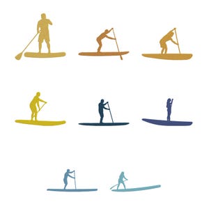 May include: A collection of paddleboarder silhouettes in various colors, including gold, brown, yellow, blue, and teal. Each figure is depicted on a paddleboard, holding a paddle. The image is set against a white background.