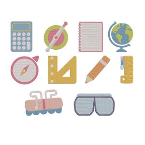 May include: A collection of ten embroidered school supply patches including a blue calculator, a green and pink protractor, a lined notebook, a blue globe, a pink compass, a yellow triangle ruler, a pencil, a yellow ruler, a pink eraser, and glasses.