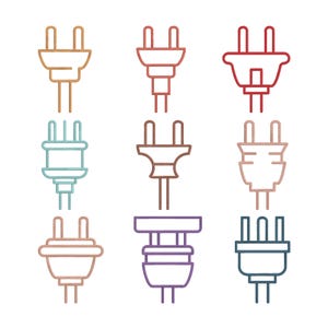 May include: Nine colorful electrical plug icons in various designs. The plugs are outlined in shades of brown, red, teal, and purple. Each plug has two or three prongs and a handle. The image is on a white background.