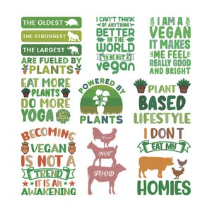 Könnte beinhalten: Eine Sammlung farbenfroher Grafikdesigns mit Text zur Förderung eines veganen Lebensstils. Die Designs enthalten Sätze wie „Powered by Plants“, „Eat More Plants“ und „I am a Vegan“. Das Bild enthält Illustrationen von Tieren und Pflanzen.