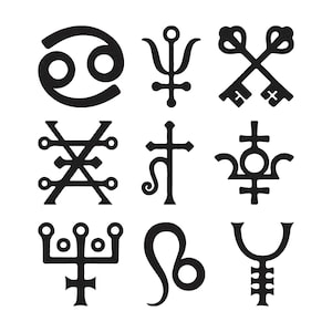 May include: Nine black occult symbols are arranged in a three-by-three grid. The symbols include a crab, a trident, crossed keys, a complex geometric shape, a cross with a curved line, a symbol with a circle and cross, a symbol with three circles, a stylized lion, and a symbol with a U-shape.