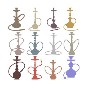 May include: A collection of twelve hookah designs in various colors, including brown, beige, purple, and red. Each hookah features a vase-like base, a central column, and a flexible hose. The designs are presented on a white background.