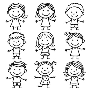 May include: A collection of nine black and white stick figure illustrations of children arranged in a three-by-three grid. Each figure features a simple circular head with a smiling face, stick arms and legs, and various hairstyles and clothing.