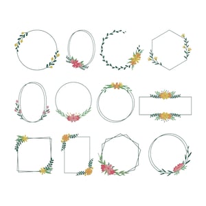 Può includere: Una collezione di dodici design di cornici floreali in varie forme, tra cui cerchi, ovali e rettangoli. Ogni cornice è adornata da delicati accenti floreali e di foglie in tonalità di giallo, rosa e verde, su sfondo bianco.