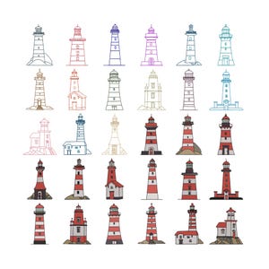 May include: Twenty-four illustrations of lighthouses in a variety of styles and colours. Some are outlined, others are filled with colour, including red, white, blue, and brown. The lighthouses vary in height and design, with some having attached buildings.