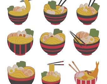 Diseño de bordado de tazón de fideos ramen, archivo de bordado a máquina de tazón de fideos ramen, 9 diseños, 6 tamaños, descarga instantánea