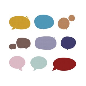 May include: Nine colorful speech bubbles in various shapes and sizes are arranged on a white background. The bubbles are in shades of yellow, blue, brown, purple, pink, and red. The textures appear to be fabric or paper.