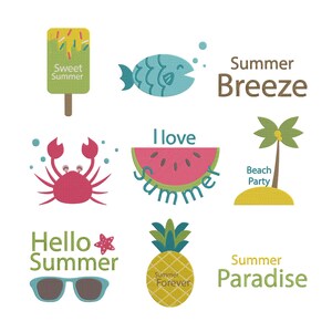 May include: A collection of summer-themed illustrations on a white background. Includes a green popsicle with "Sweet Summer" text, a blue fish, a red crab, a watermelon slice, a palm tree, sunglasses, a pineapple, and text that says "Summer Breeze", "I love summer", "Hello Summer", "Beach Party", "Summer Forever", and "Summer Paradise".