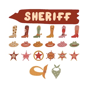 Puede incluir: Ilustración de elementos temáticos de vaqueros: botas, sombreros, insignias de sheriff y pañuelos, con un letrero que dice "SHERIFF". La paleta de colores incluye tonos marrones, rojos, verdes y amarillos, con patrones de estrellas y flores.