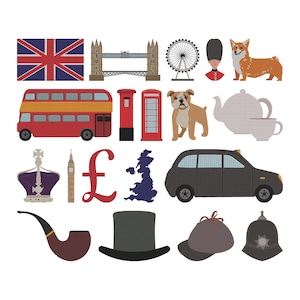 May include: A collection of embroidered illustrations featuring iconic British symbols. Includes the Union Jack flag, Tower Bridge, a red double-decker bus, a black taxi, a bulldog, a corgi, a teapot, a crown, a pipe, and a bowler hat.