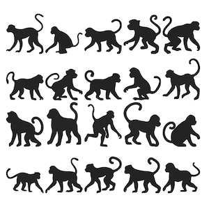 Pode incluir: Uma coleção de vinte silhuetas pretas de macacos dispostas em uma grade. Cada macaco é retratado em uma pose diferente, mostrando várias postagens, movimentos de caminhada e posições de cauda, tudo em formas pretas sólidas.