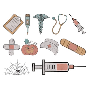 May include: A collection of illustrated medical and Halloween-themed icons. Includes a clipboard, thermometer, caduceus, stethoscope, syringe, bandage, jack-o'-lantern, nurse's cap, spider web, and a syringe.