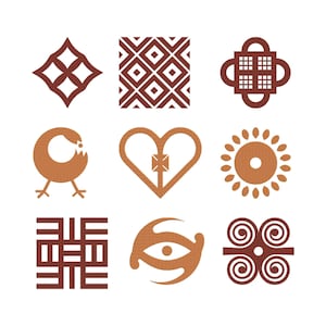 May include: Nine brown and tan Adinkra symbols arranged in three rows. The symbols include geometric shapes, a bird, a heart, a sun, and an eye. The symbols are set against a white background.
