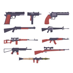 Op de afbeelding: Een assortiment van verschillende vuurwapens, waaronder pistolen, geweren en een raketwerper. De wapens zijn afgebeeld in een platte, cartoonstijl, met zwarte en rode kleurenschema's. De afbeelding staat tegen een witte achtergrond.