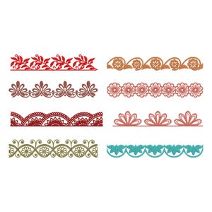 Può includere: Otto disegni di bordi ricamati in vari colori. I disegni includono motivi floreali, a foglie e geometrici. I colori includono rosso, arancione, marrone, rosa, verde e turchese. Questi bordi decorativi sono adatti per progetti di artigianato.