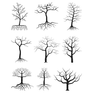 May include: Nine black silhouette illustrations of bare trees with intricate branches and exposed root systems. The trees vary in shape and size, with some featuring a more rounded canopy and others a taller, more slender profile. The artwork is set against a white background.