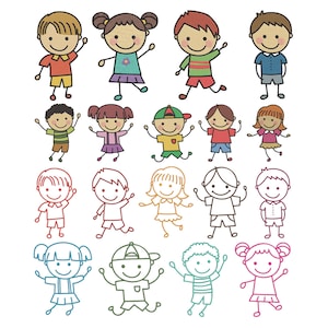 Kinderen schetsen machineborduurontwerpset van 18, Instant Download digitaal, 9-formaat