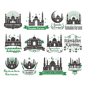 May include: A collection of twelve mosque illustrations in black and green. Each design features a mosque with minarets, some with crescents and stars. The words "Ramadan Kareem" are included in various fonts.