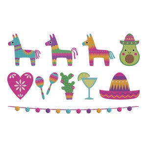 Puede incluir: Una colección de ilustraciones coloridas y festivas con temática mexicana. Incluye piñatas, un aguacate sonriente con sombrero, maracas, un cactus, una margarita, un corazón y un sombrero. Una guirnalda de pompones en la parte inferior.