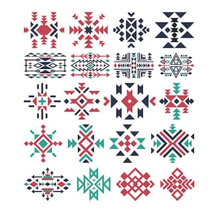 May include: A collection of sixteen geometric designs in red, teal, and navy blue. Each design features symmetrical patterns of triangles, diamonds, and other shapes. The designs are arranged on a white background.