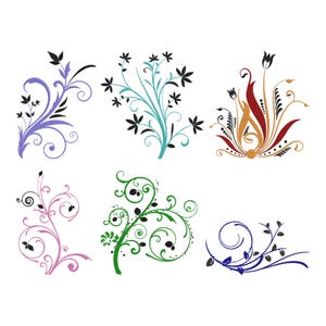 Puede incluir: Seis elementos de diseño floral en varios colores. Los diseños incluyen vides arremolinadas, hojas y formas de flores estilizadas en tonos de púrpura, verde azulado, rojo, dorado, rosa, verde y azul. Todos los diseños están sobre un fondo blanco.