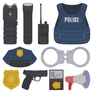 May include: An illustration of various police equipment, including a taser, flashlight, radio, bulletproof vest with "POLICE" text, police cap, handcuffs, badge with "OFFICER POLICE" text, a handgun, an ID card, and a megaphone.